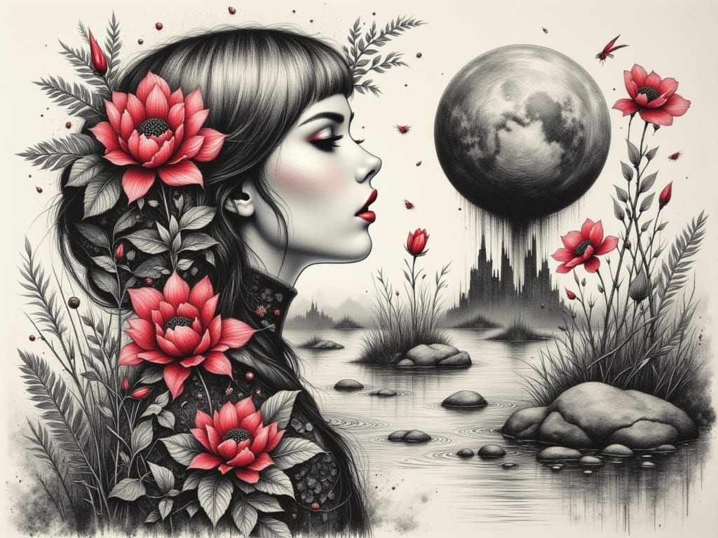 Surreal Woman Portrait with Botanical Elements