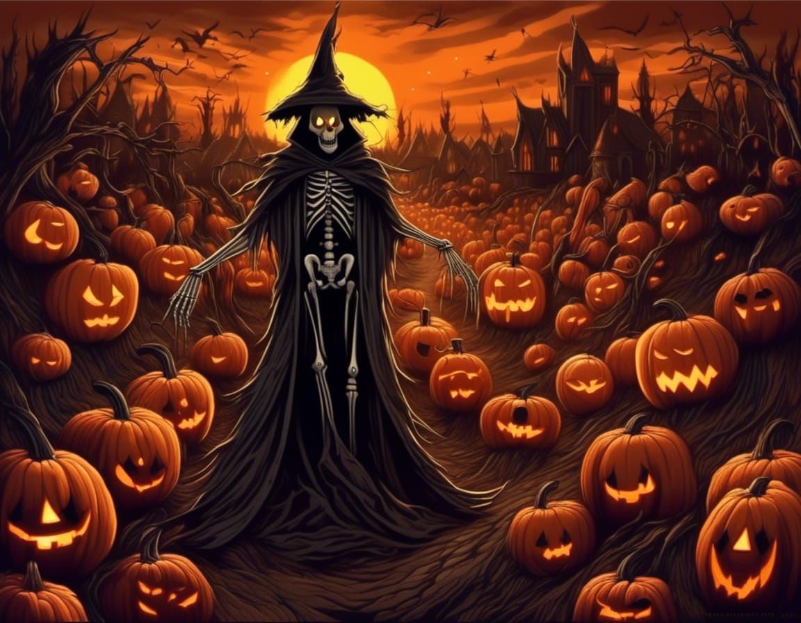 Towering Scarecrow Jack-o'-Lantern in Surreal Hellscape