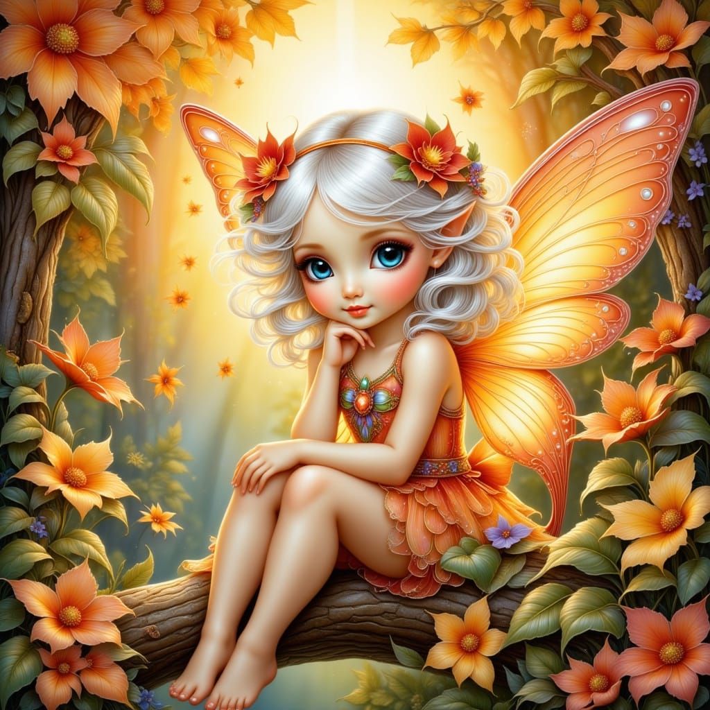 Cute White Hair Fairy on Oak Branch in Fantasy Art Style