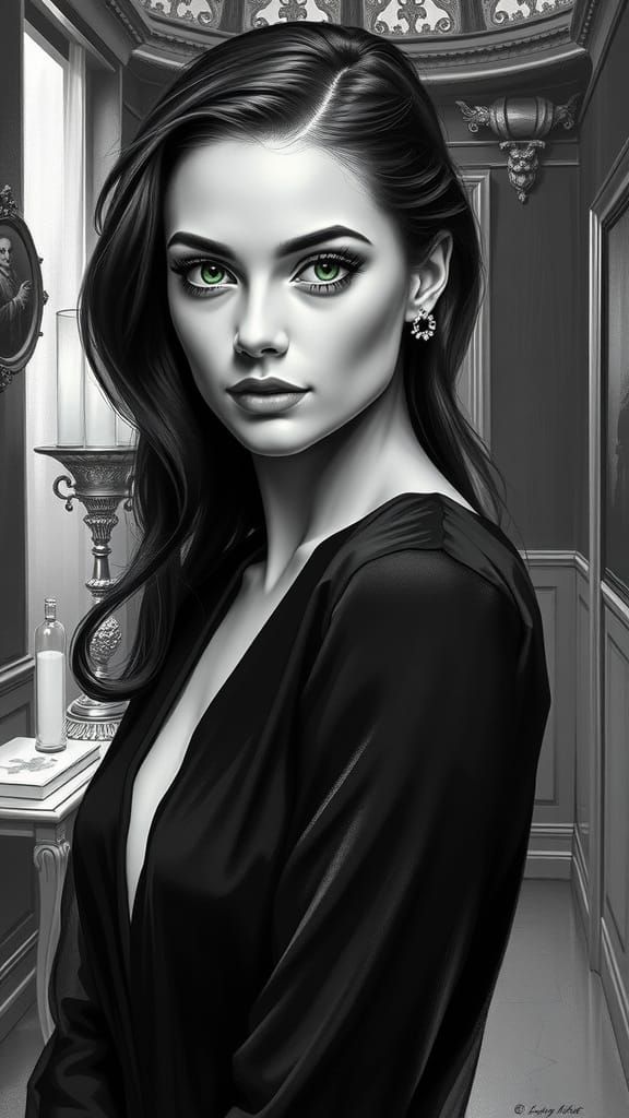 Elegant Woman with Green Eyes in Art Nouveau Style