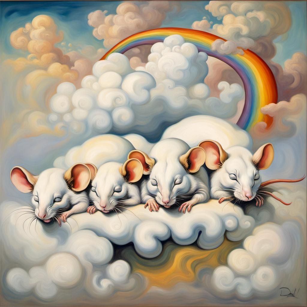 a rainbow bright  colored mice  sleeping on a white cloud