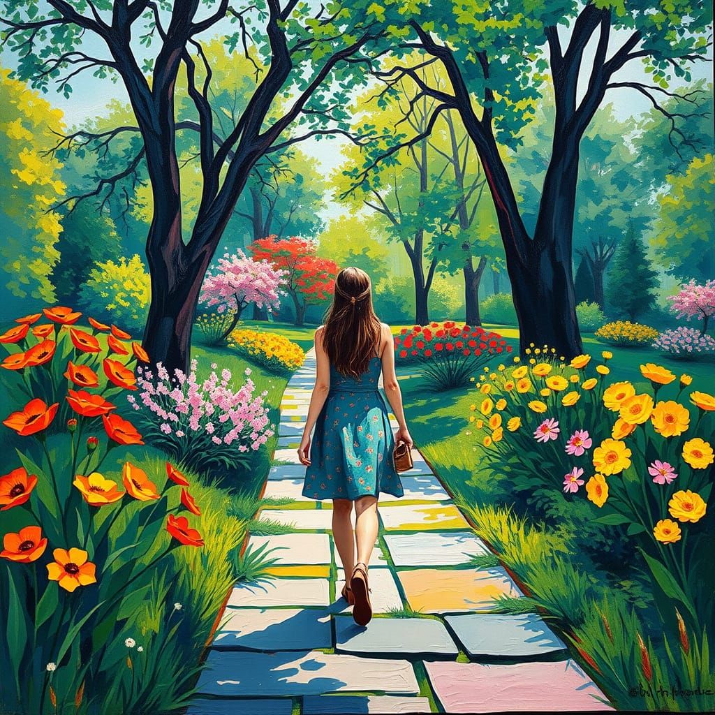 Woman in Vibrant Park: Geometric Neo-Impressionism