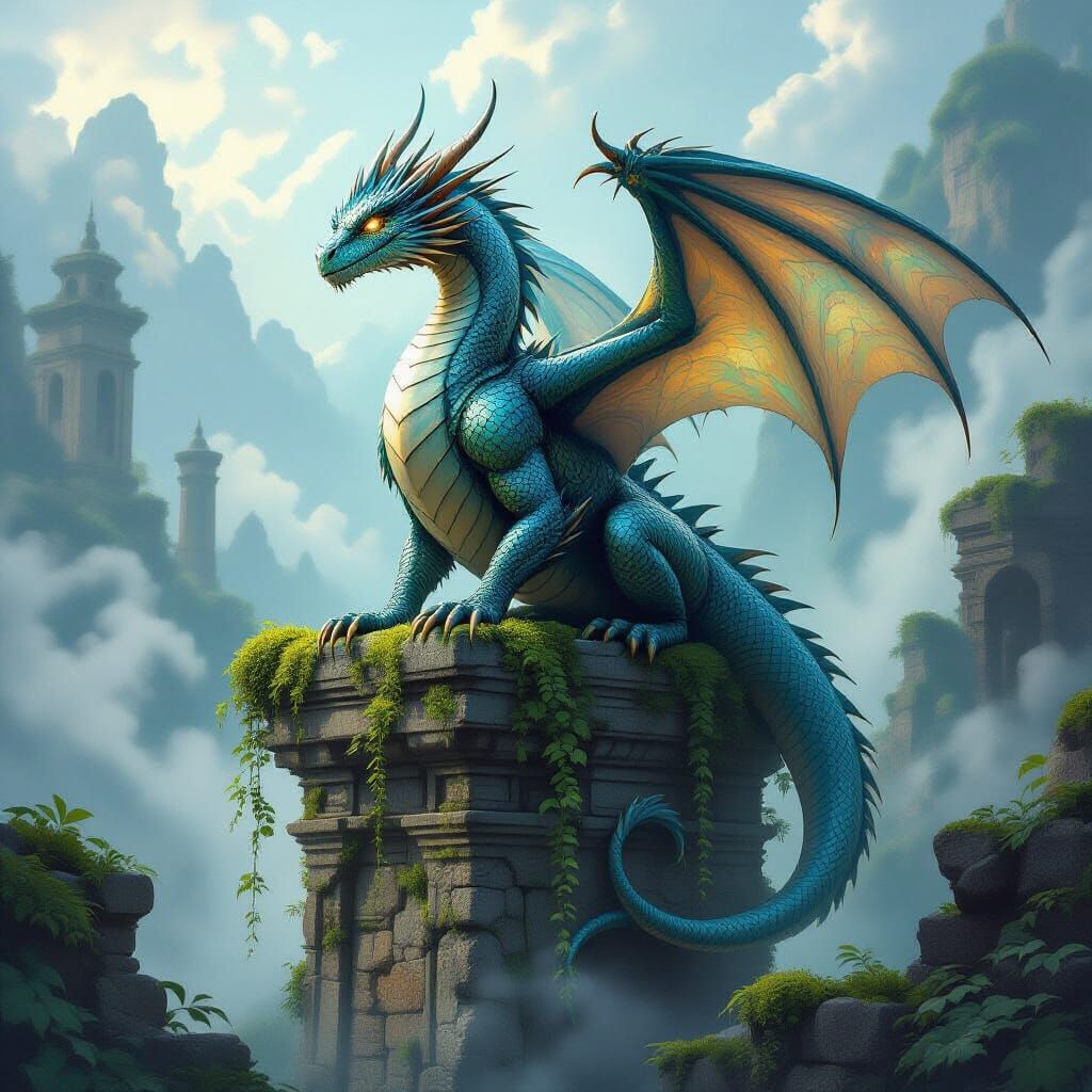 Majestic Dragon on Ancient Ruin, Epic Fantasy Concept Art