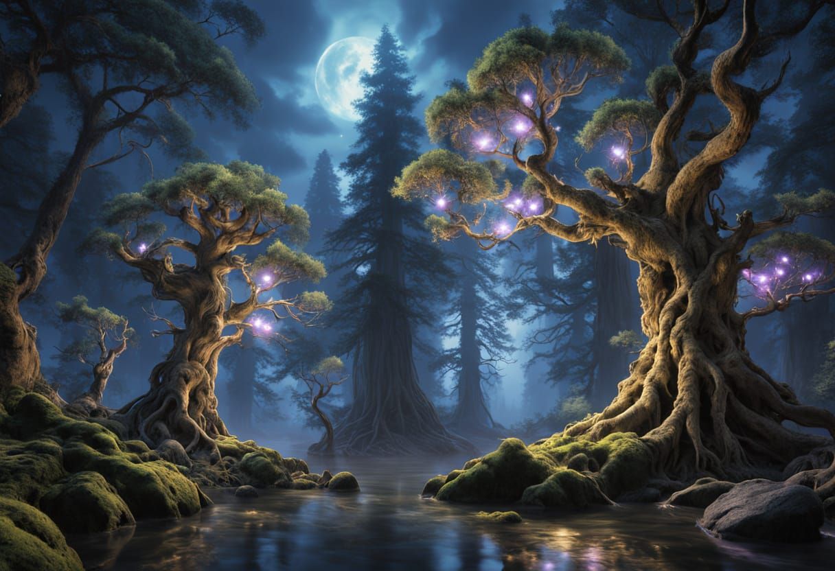 Dryad Cradling Light in Bioluminescent Forest