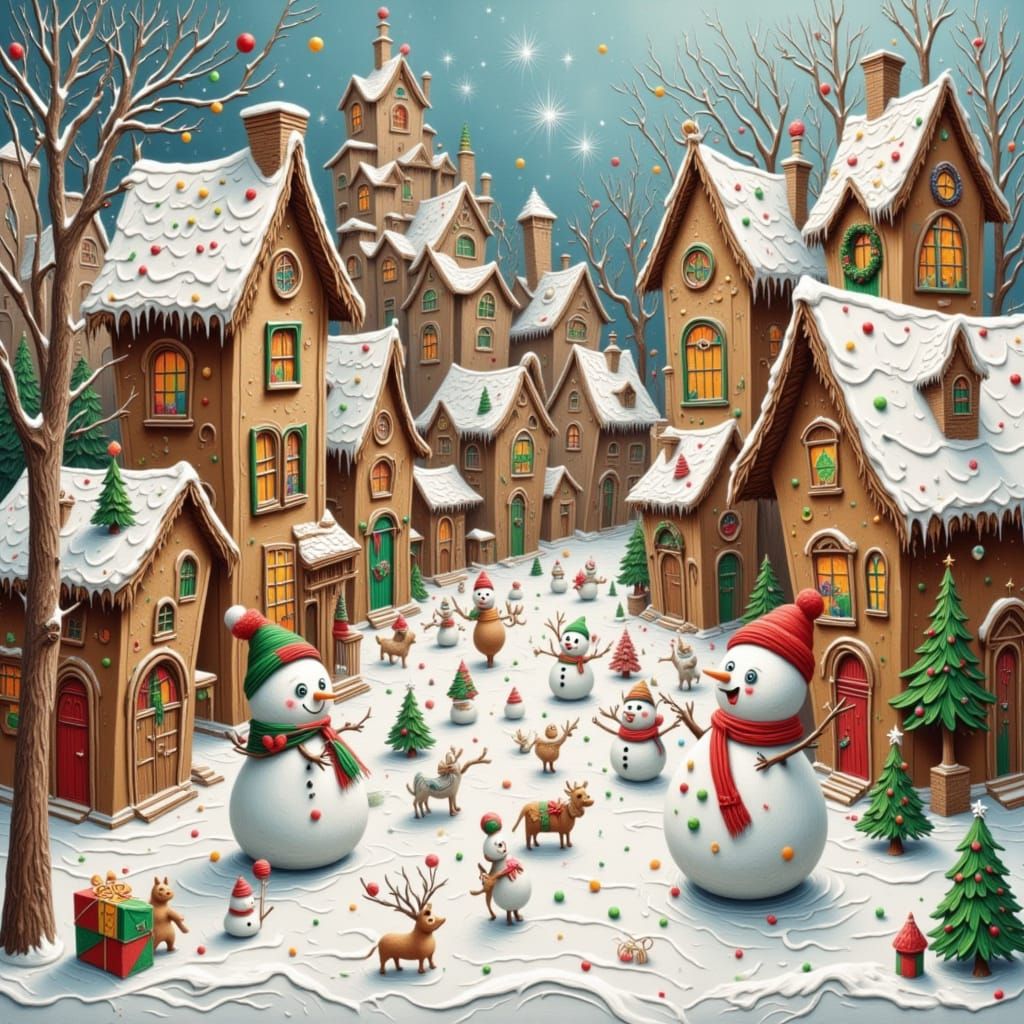 Festive Snowmen Dancing in a Wonky Gingerbread Village