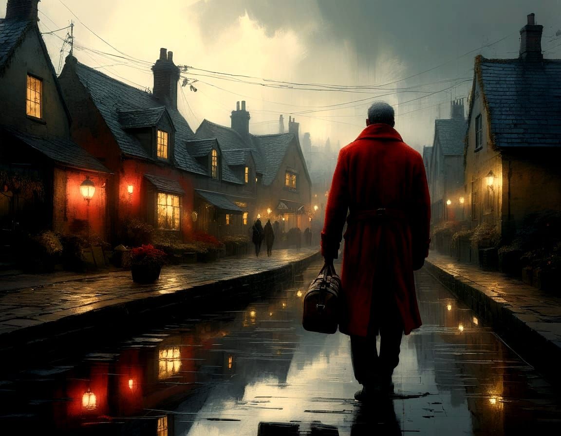 Winter Village Scene in Charcoal Drawing Style