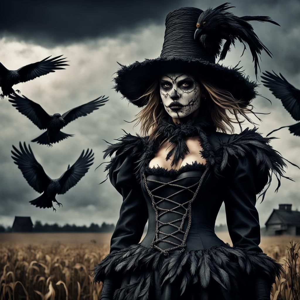 Menacing Scarecrow Woman with Raven Feather Clothing