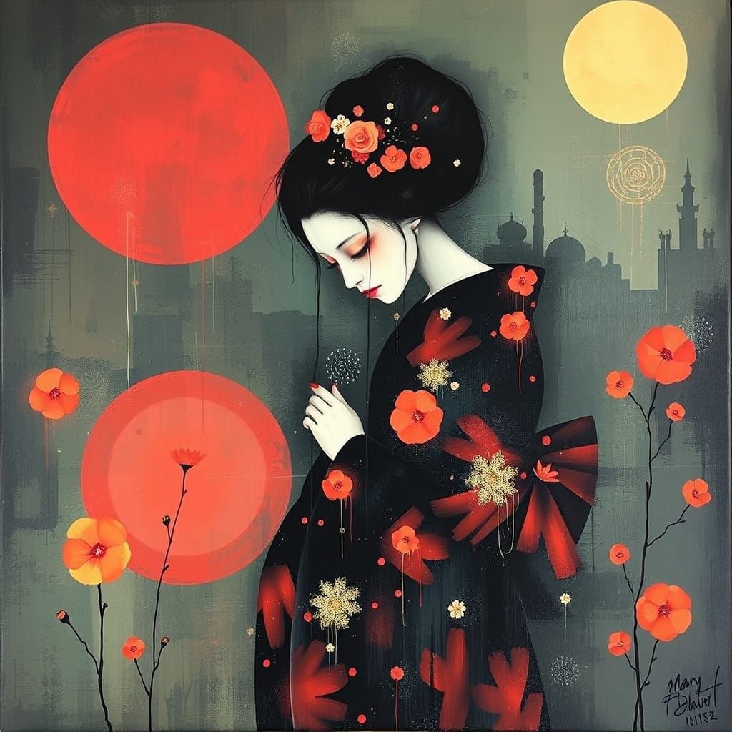 Ethereal Geisha in a Suminagashi Dreamscape