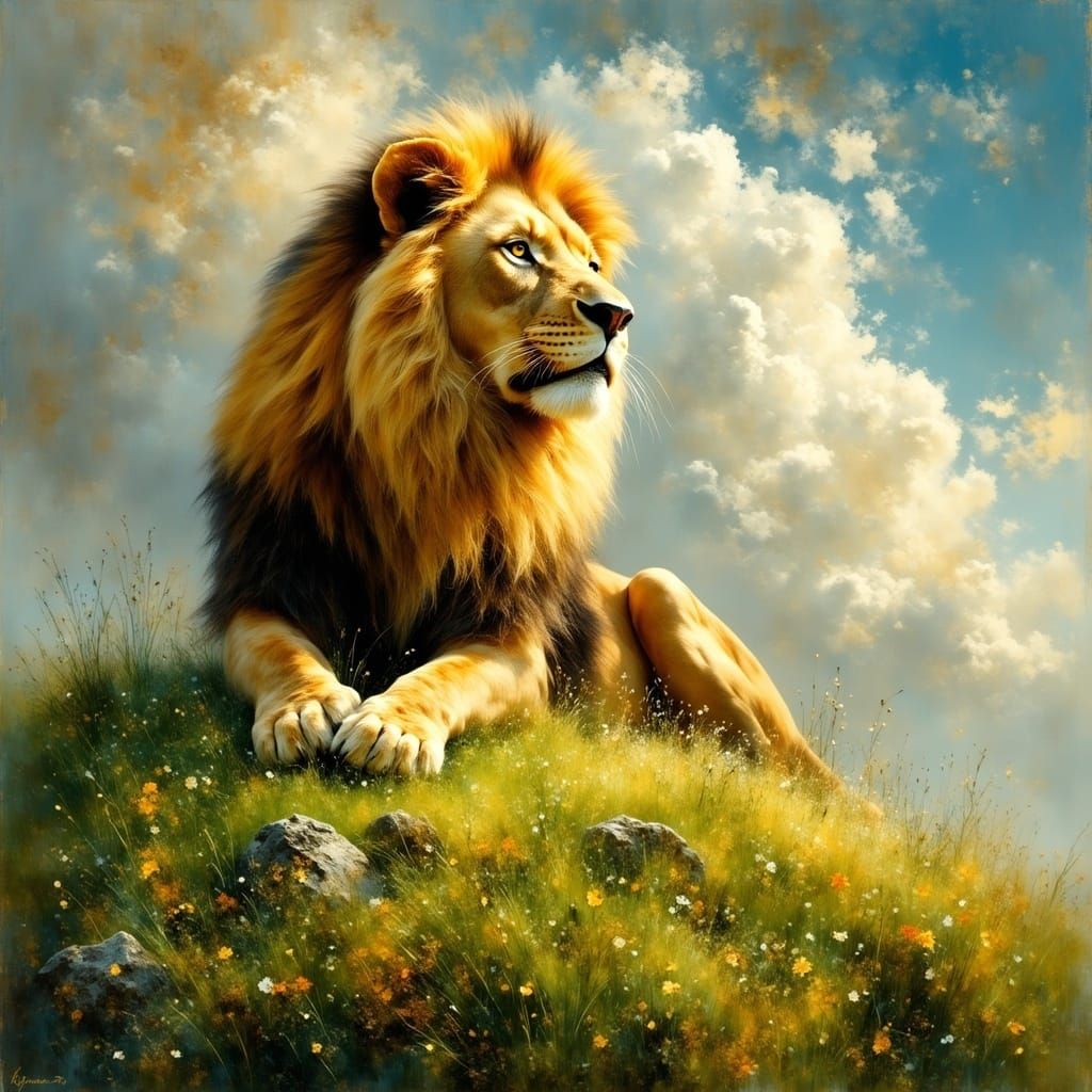 Golden Lion in Dreamy Landscape with Cloudy Sky