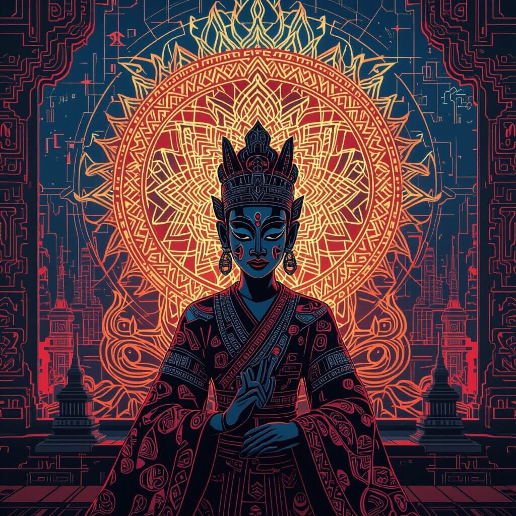 Cyberpunk Wayang Kulit with Batik Patterns