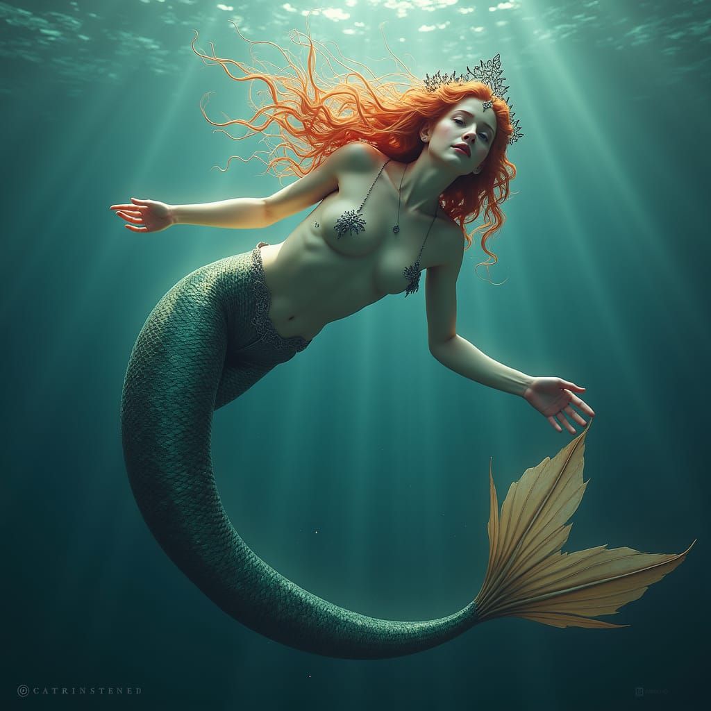 Enchanting Mermaid in Deep Ocean, Detailed Digital Painting