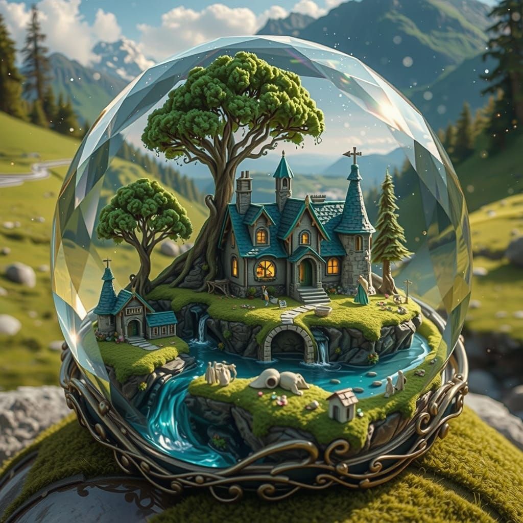 Miniature World Encased in Crystal Ring