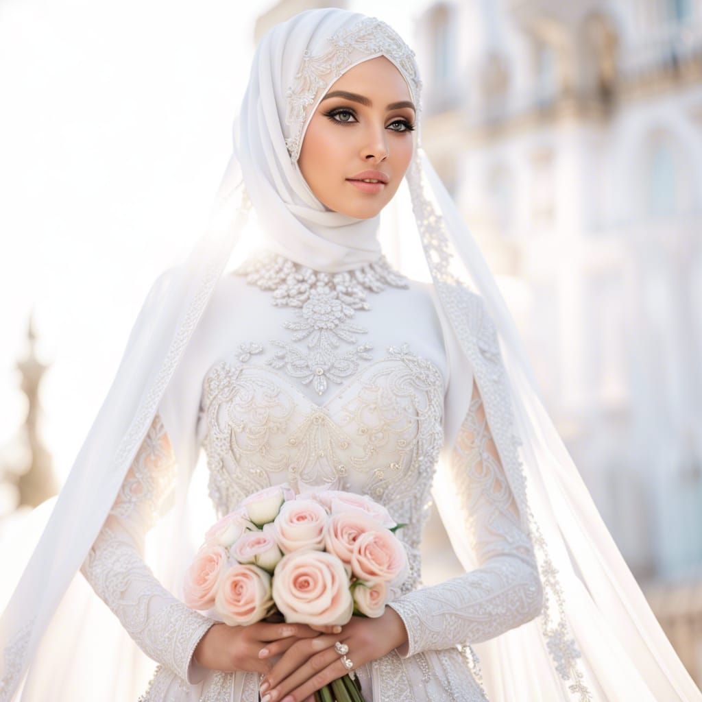 A hyper-realistic bride wearing hijab, peach wedding dress, ...