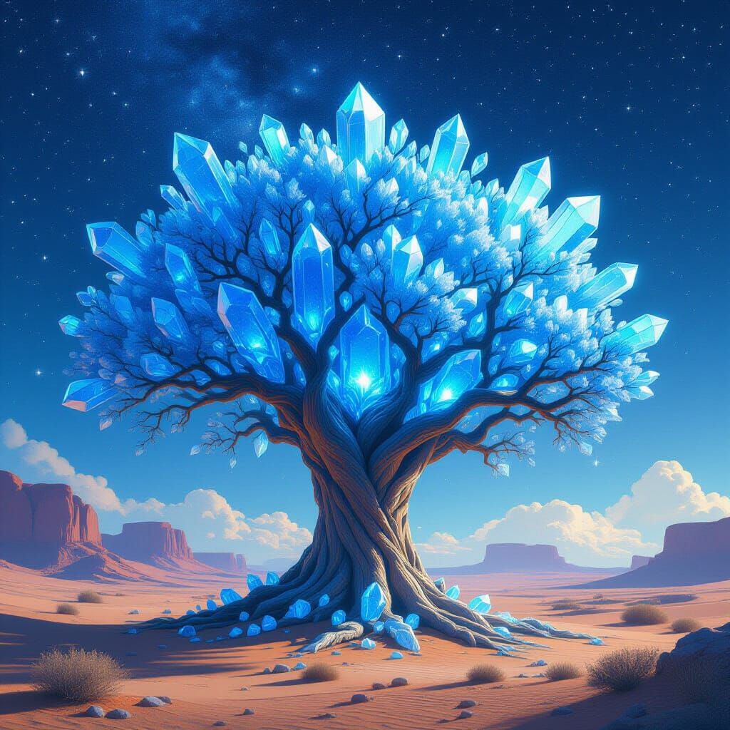 Crystal Tree in Starry Desert, Ultra-Realistic