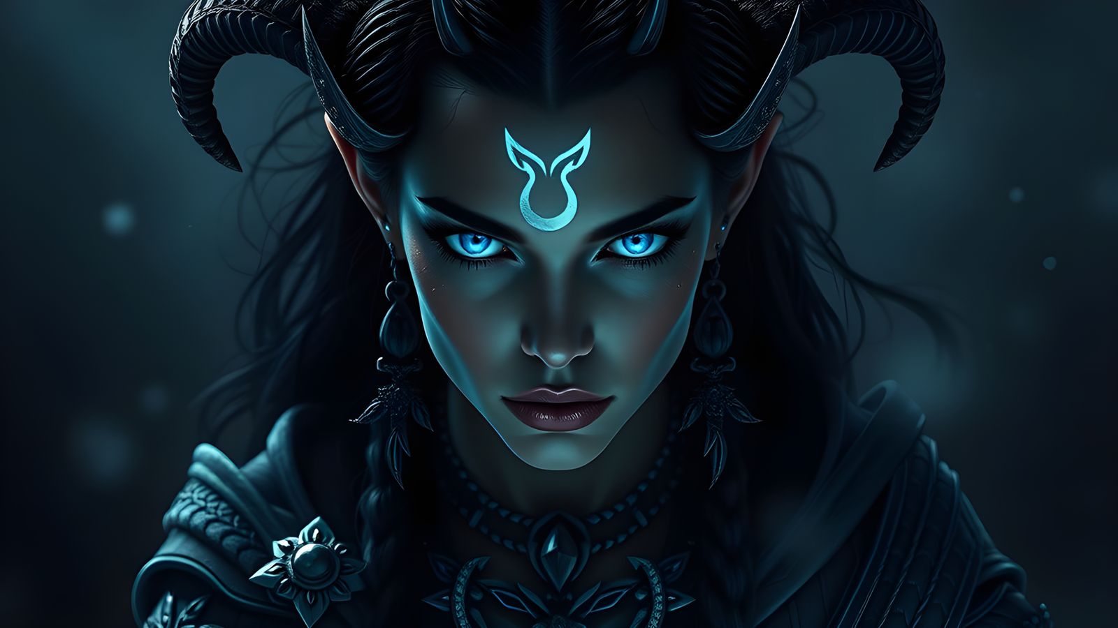 Mystical Female Warrior with Glowing Eyes, Digital Painting