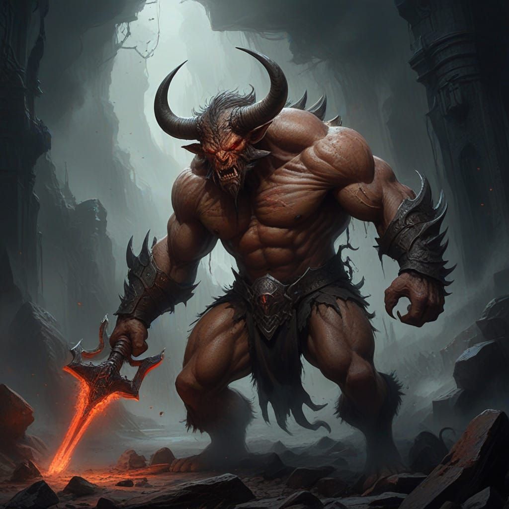 Fierce Minotaur in Dark Fantasy Landscape
