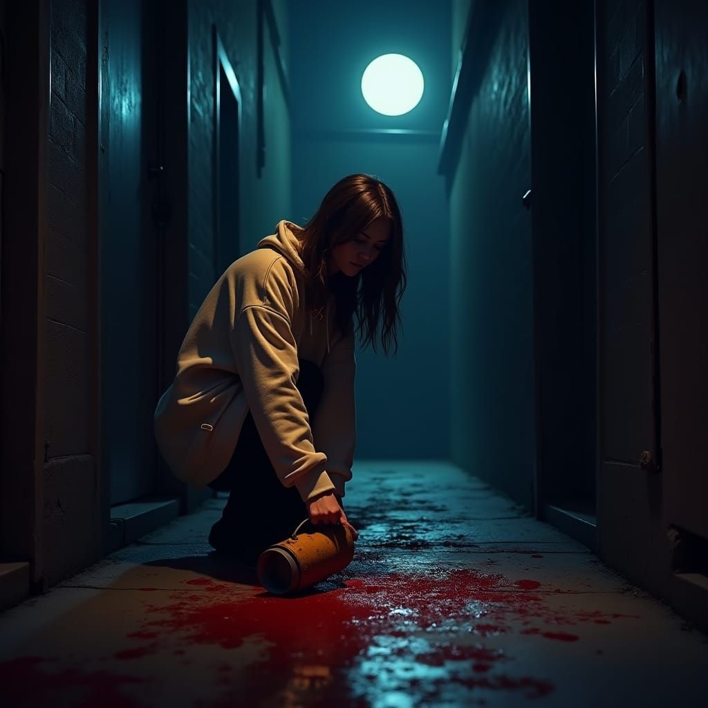 Eerie Alleyway Scrubbing in High-Contrast Digital Art