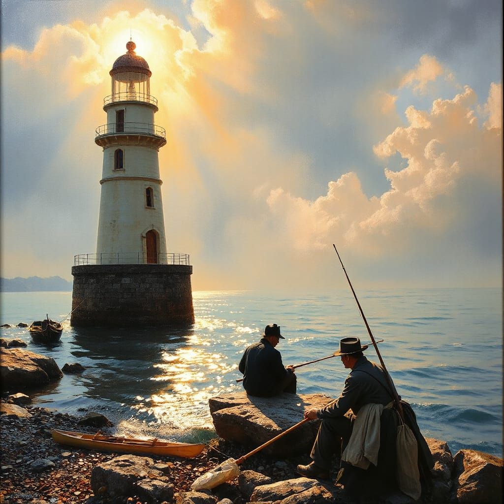 Fisherman by the Seine River in Turner and Van Gogh Style