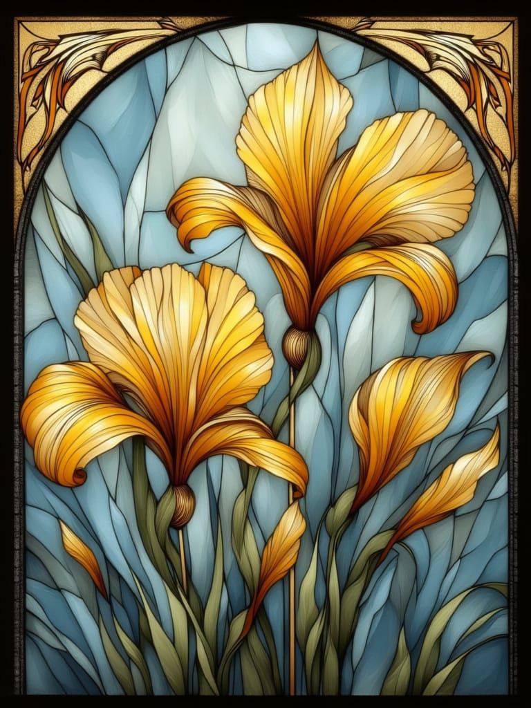 Art Nouveau Stained Glass Iris Flowers in Victorian Style
