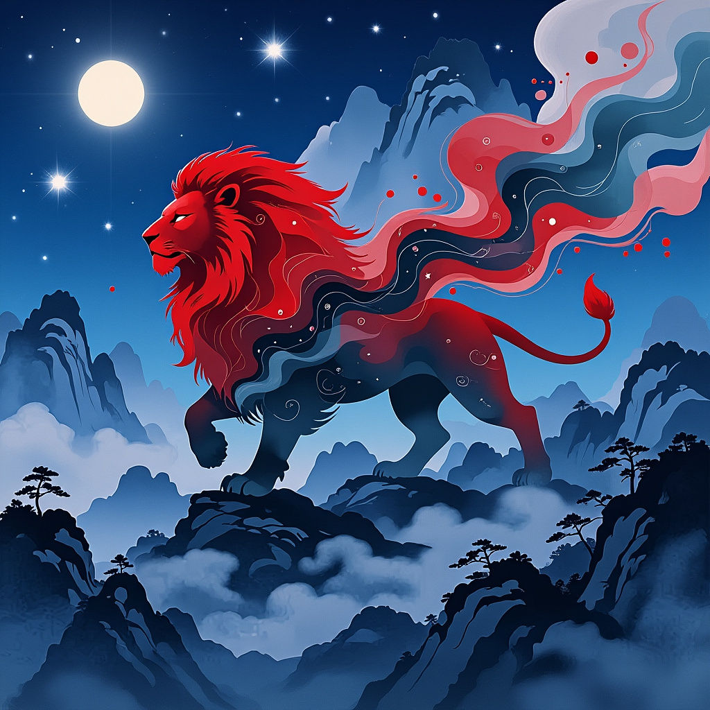 Chinese Watercolor Lion Silhouette with Celestial Ink Patter...