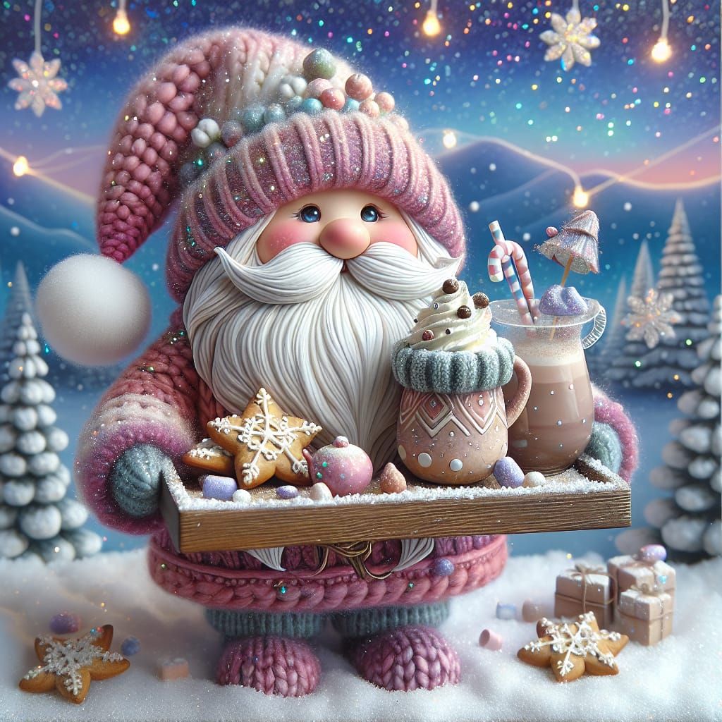 whimsical acrylic 3D structures painting of a nordic Santa Gnome, holding a wooden Tray with Punsch and Cookies, Hot Coc...