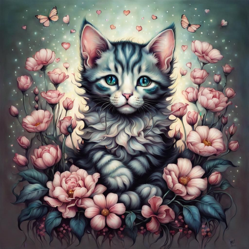 Cat Surrounded by Flowers Illustration