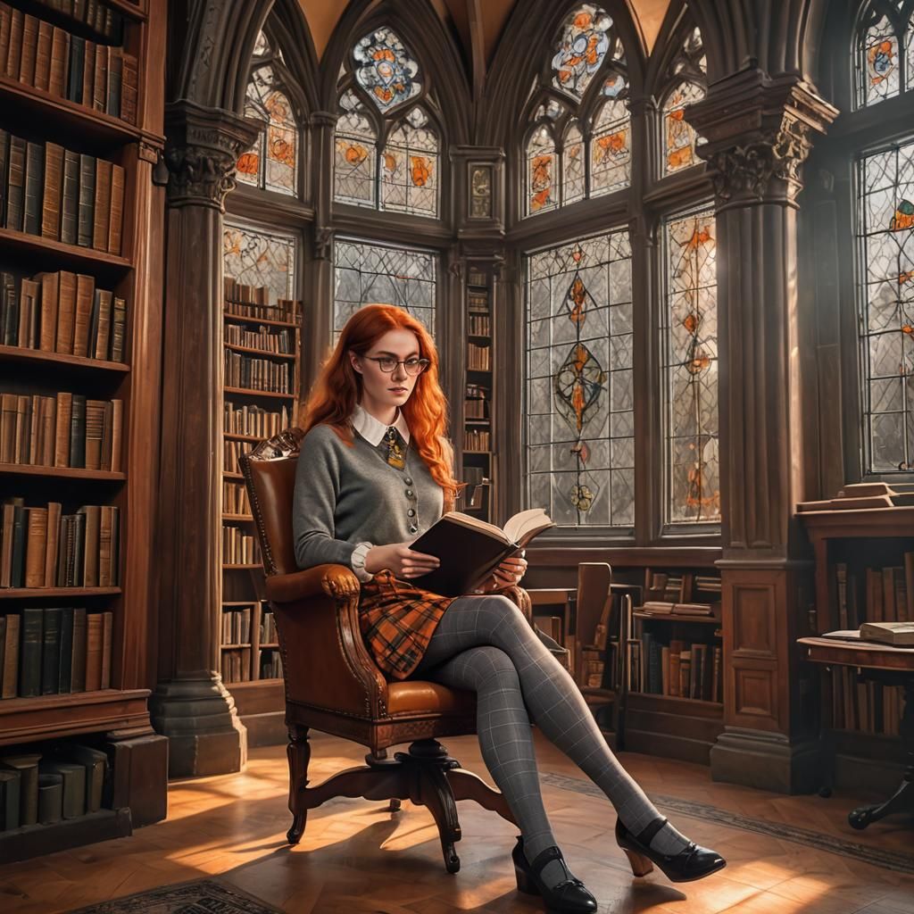 Redhead Reads in Enchanted Gothic Library