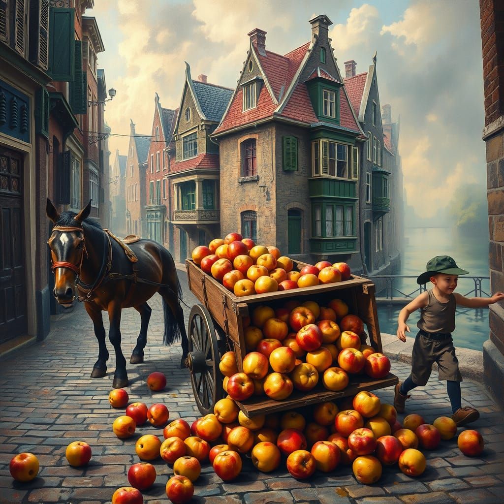 Vibrant 18th Century Amsterdam Streetscape with Horse-Drawn ...