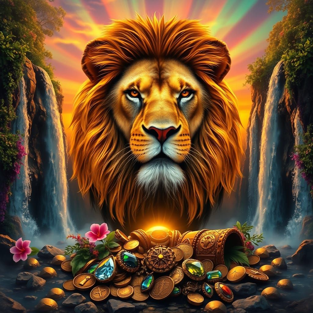 Regal Lion in Splendid Dreamlike Landscape with Treasure
