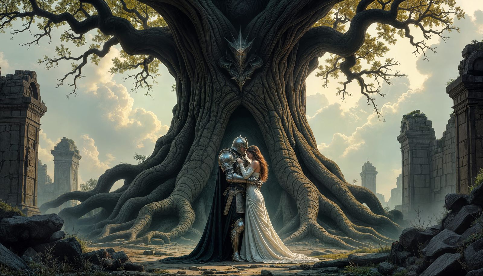 Knight Rescues Damsel Before Ancient Tree
