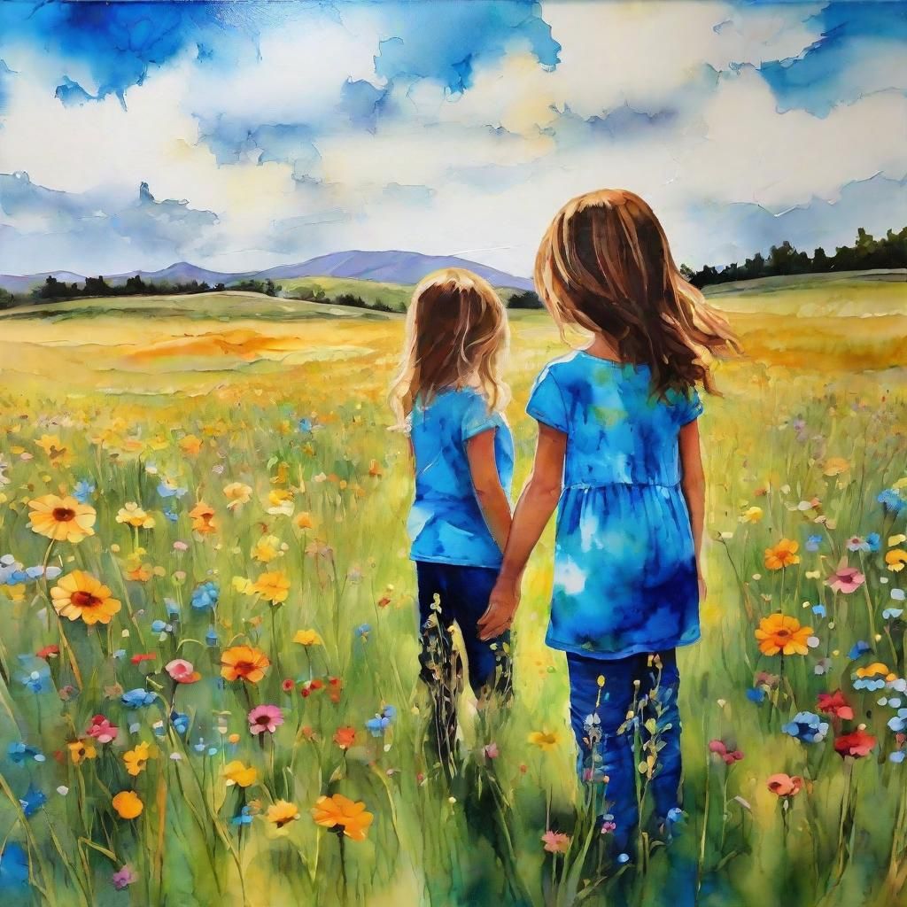 Children in Wildflower Meadow: Alcohol Ink Art
