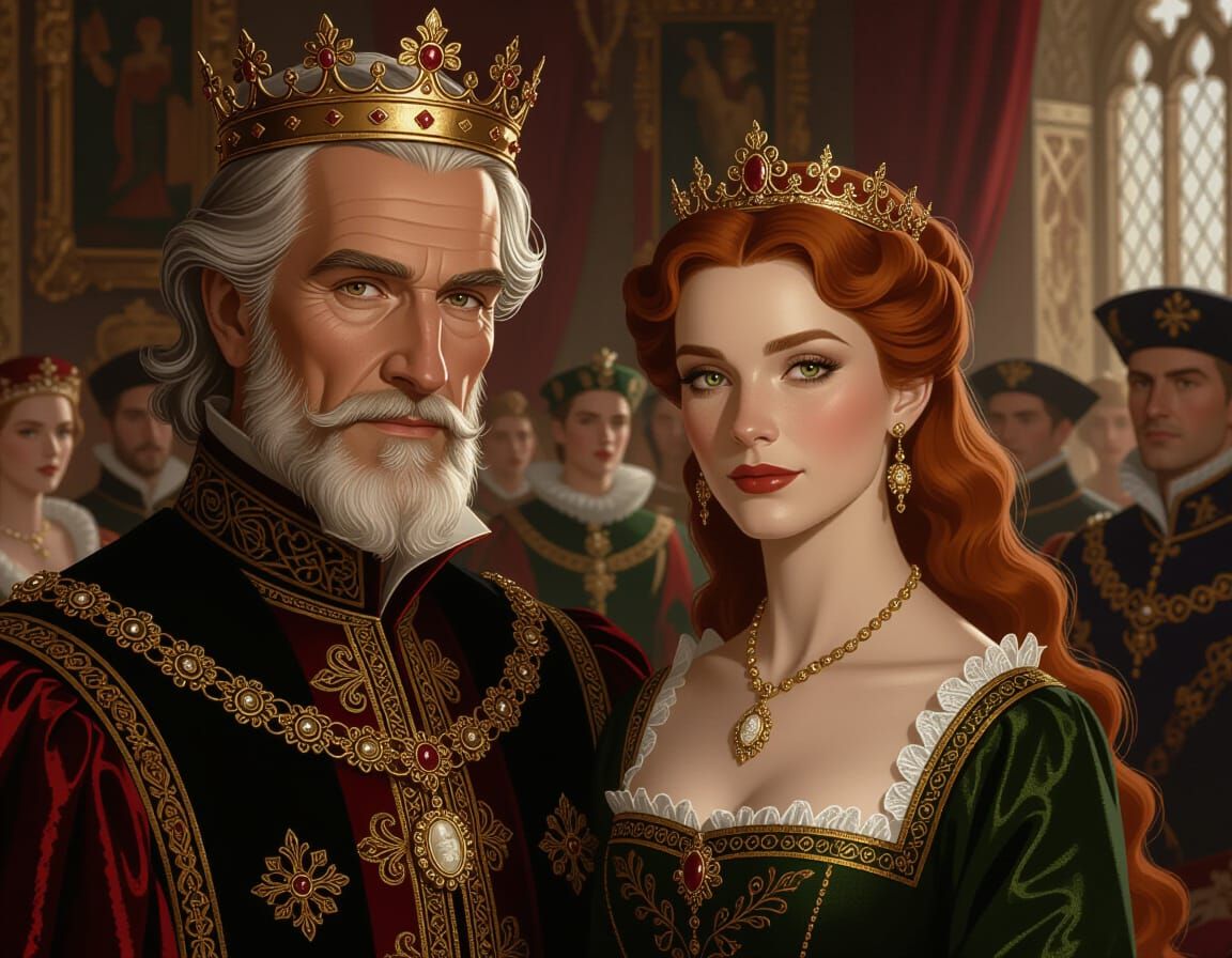 Medieval King and Queen in Tudor Hall, Fantasy Art