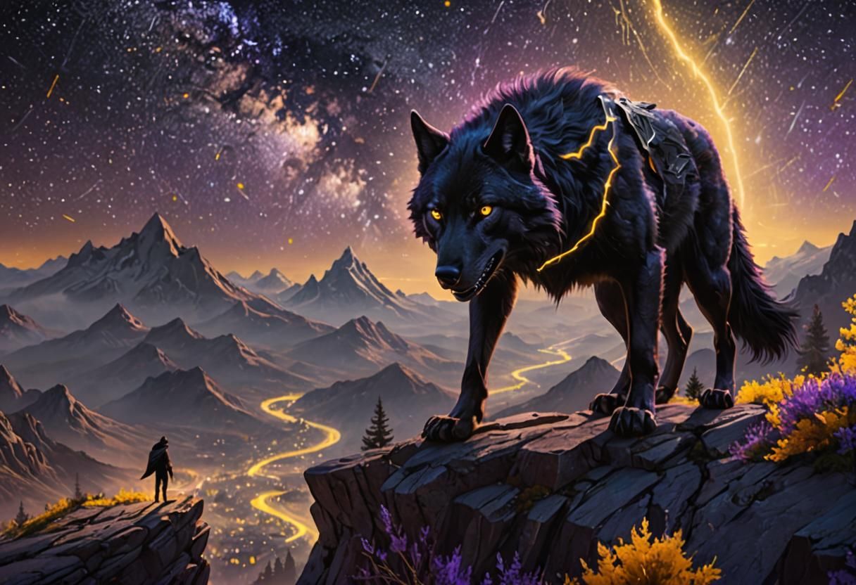 Giant Black Wolf Overlooks Man in Dreamscape
