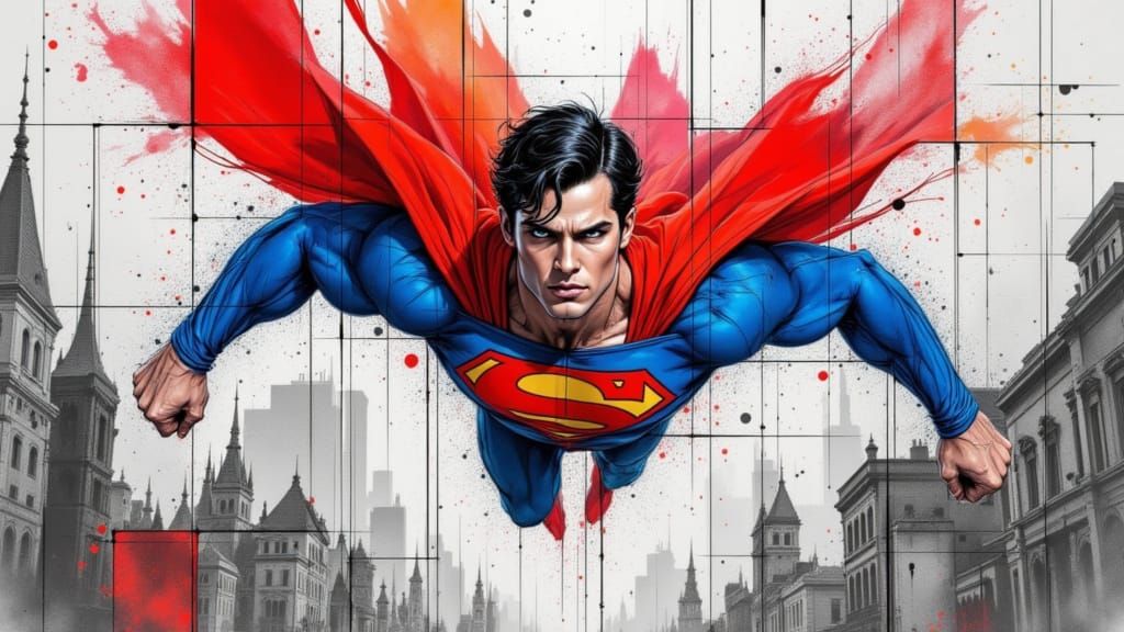 Superman in Watercolor Comic Book Art Soaring Over Metropoli...