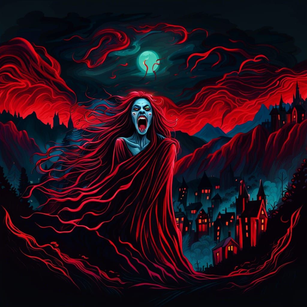 Eerie Banshee Screaming Above Noir Town
