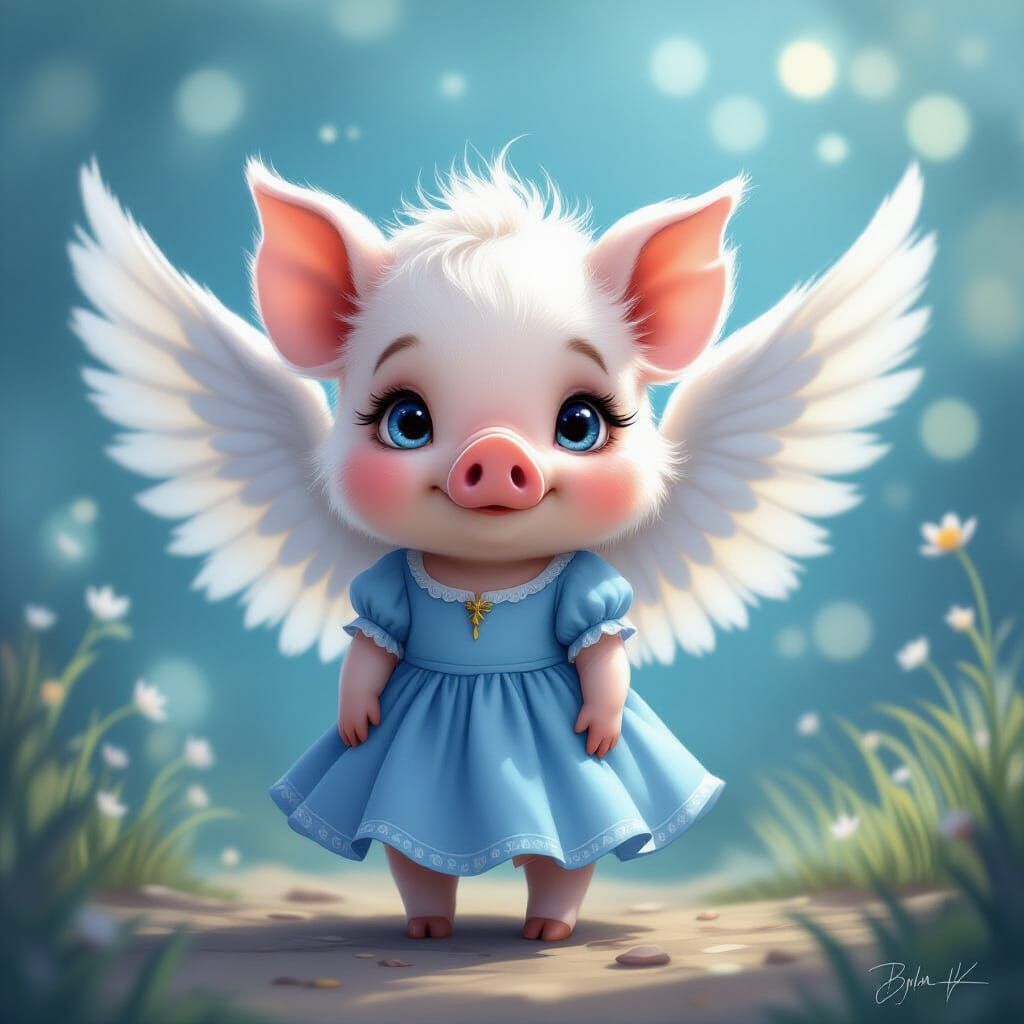 Cute Angel Pig Creature with Cerulean Eyes