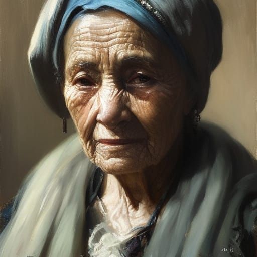 Detailed Portrait of an Old Woman in Impasto Style