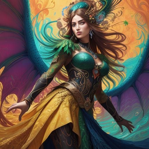 Dragon Peacock Woman in Abstract Expressionism Style