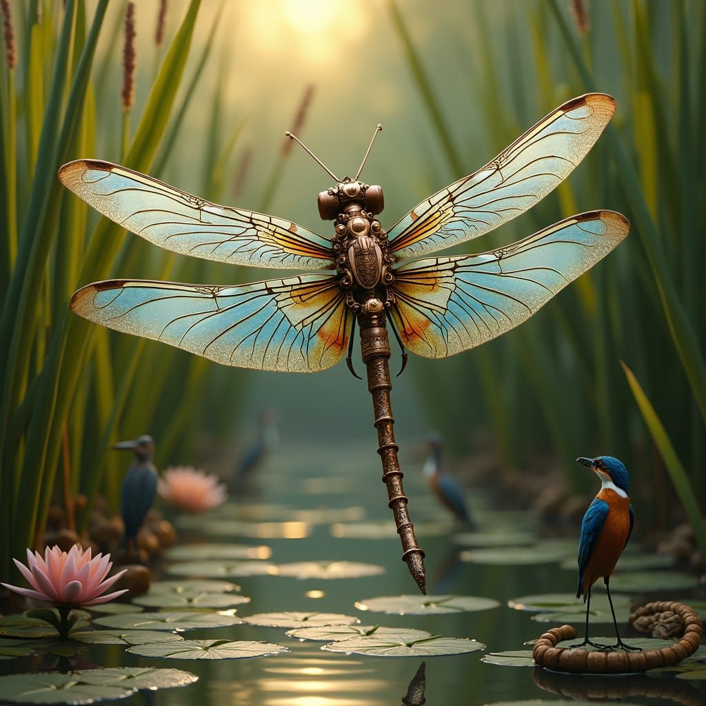 Steampunk Dragonfly in Whimsical Pond Scene