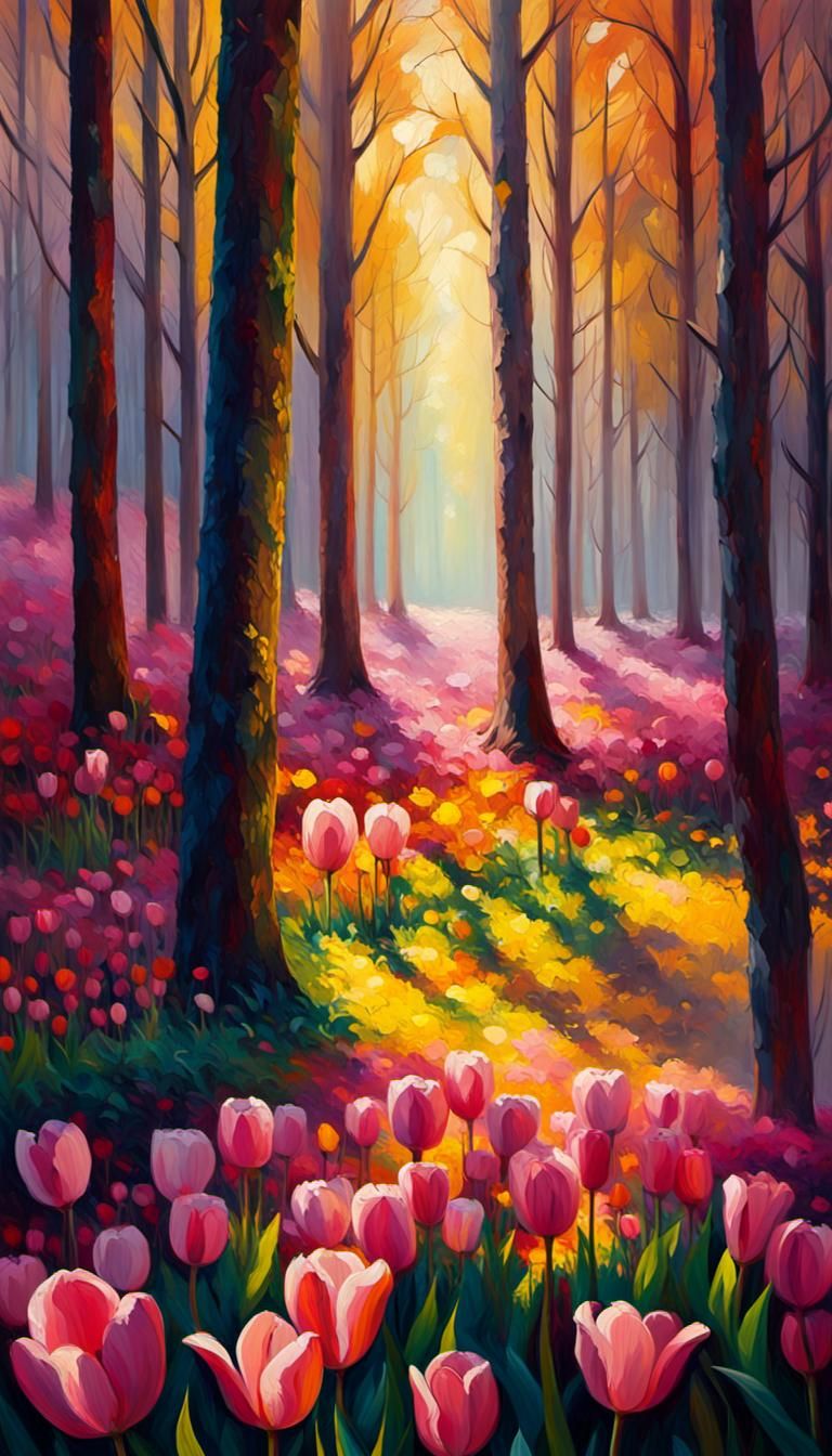 Vibrant Forest of Tulips in Impressionistic Style