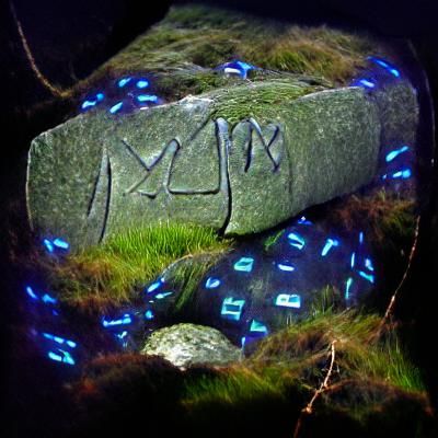 Moss-Covered Stone with Glowing Runic Symbols