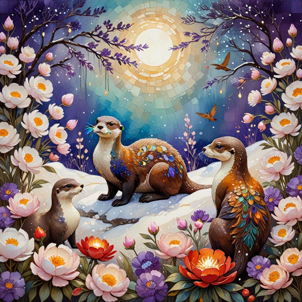 Otter and Peacock in a Blooming Garden Scene