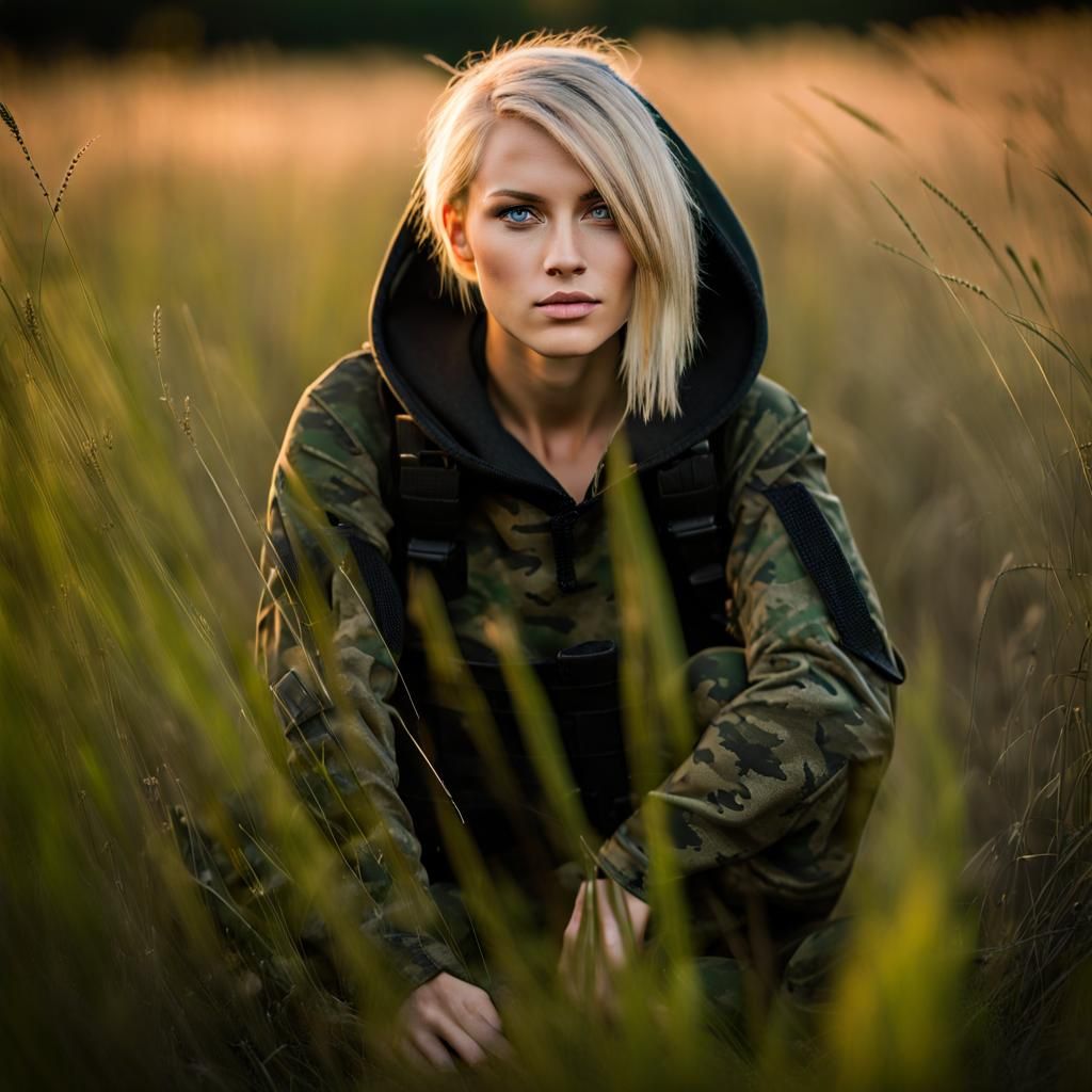 Woman in Camo Crawling Through Tall Grass