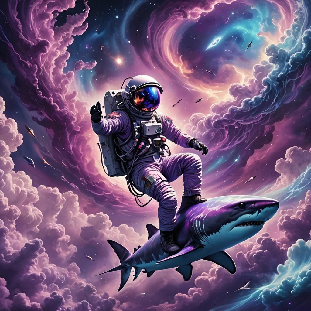 Astronaut Rides Shark Through Astral Vortex