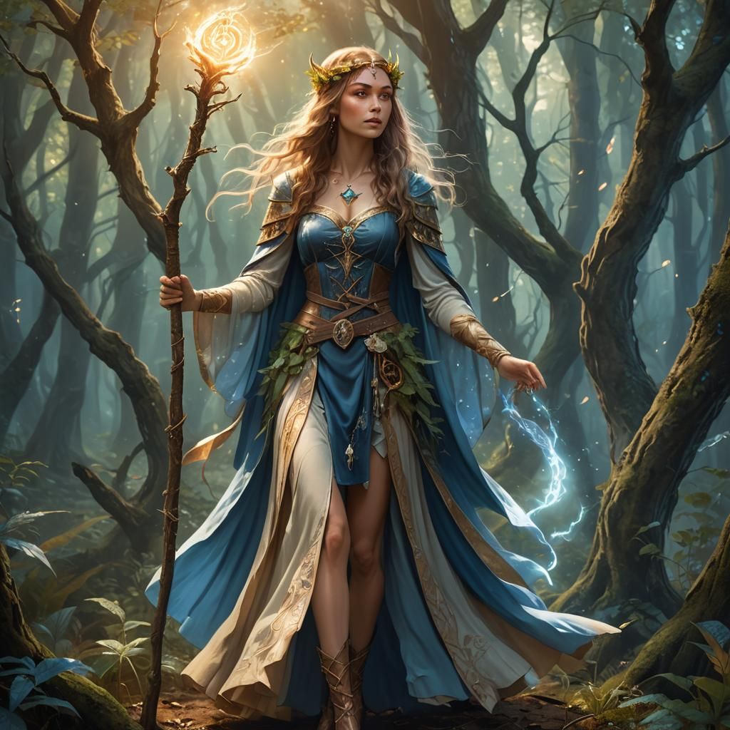 Enchanting Sorceress in Mystical Forest: Fantasy Illustratio...