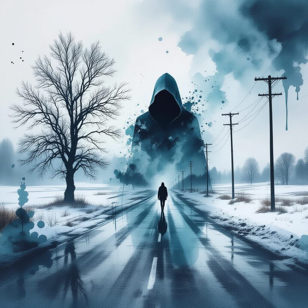 Hooded Figure Merges With Winter Landscape Art