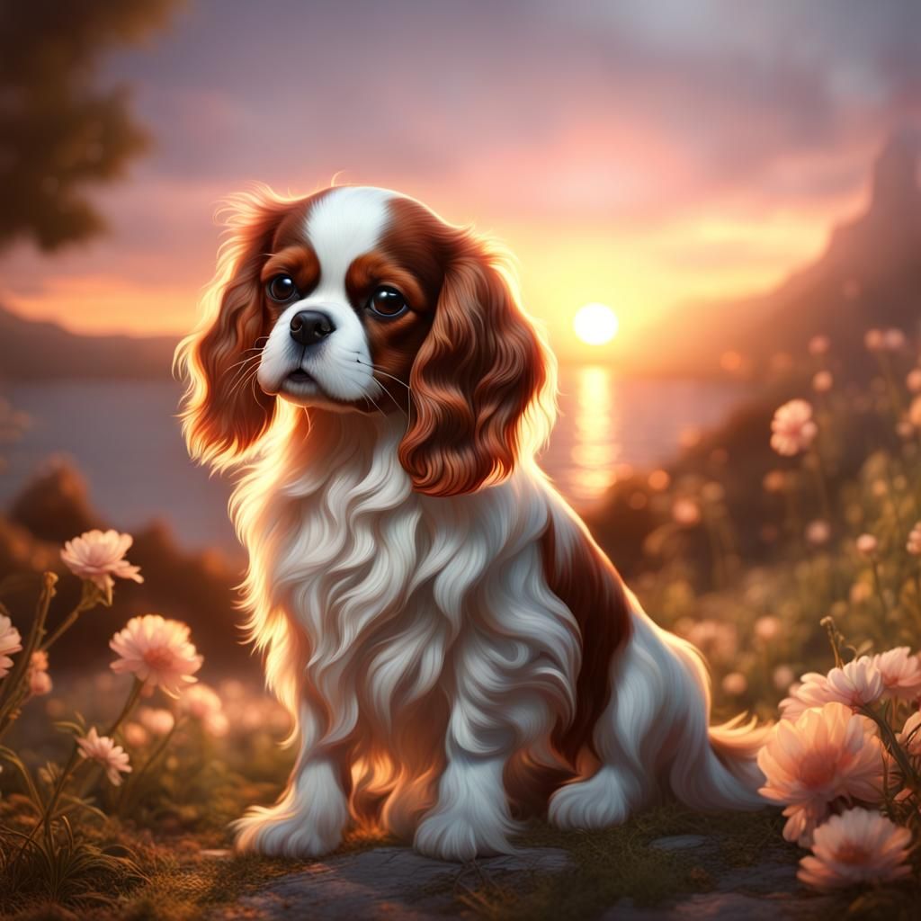 Cavalier Spaniel Family at Sunset: Fantasy Art