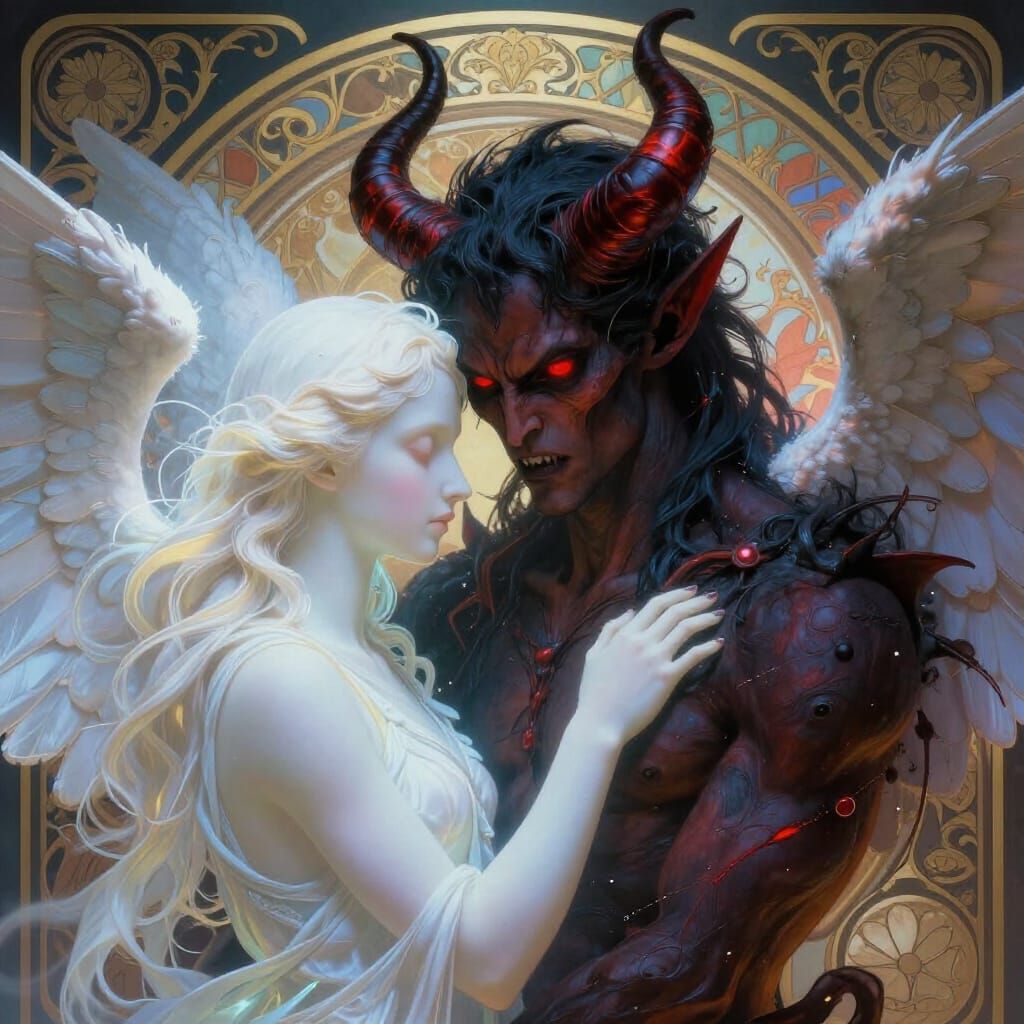 Demon and Angel Portrait: Intense Gaze, Epic Concept Art