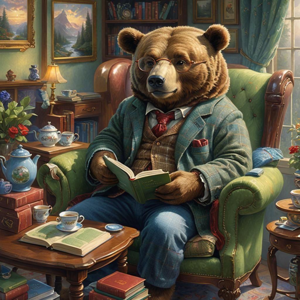 Bear Reading Book in Overstuffed Chair, Fantasy Art