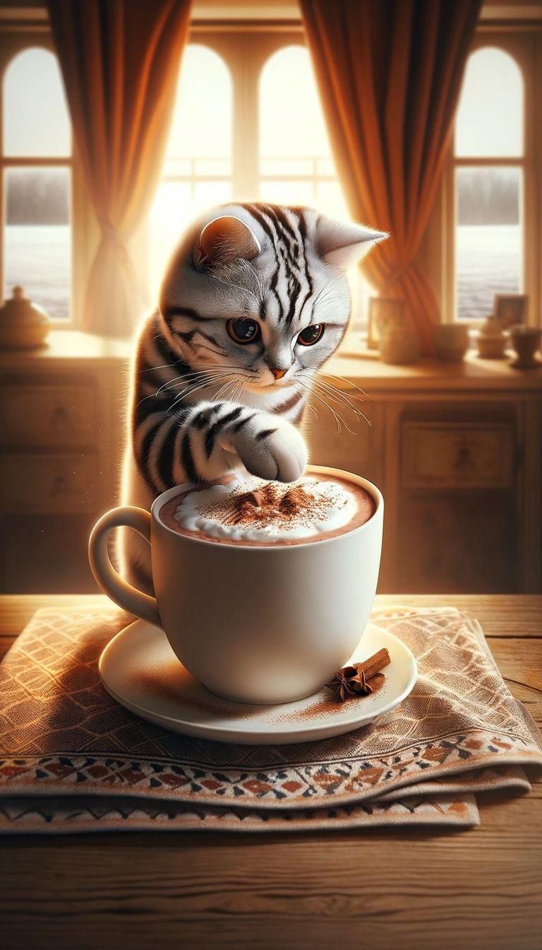 Curious Cat Pawing Hot Chocolate in Cozy Scene